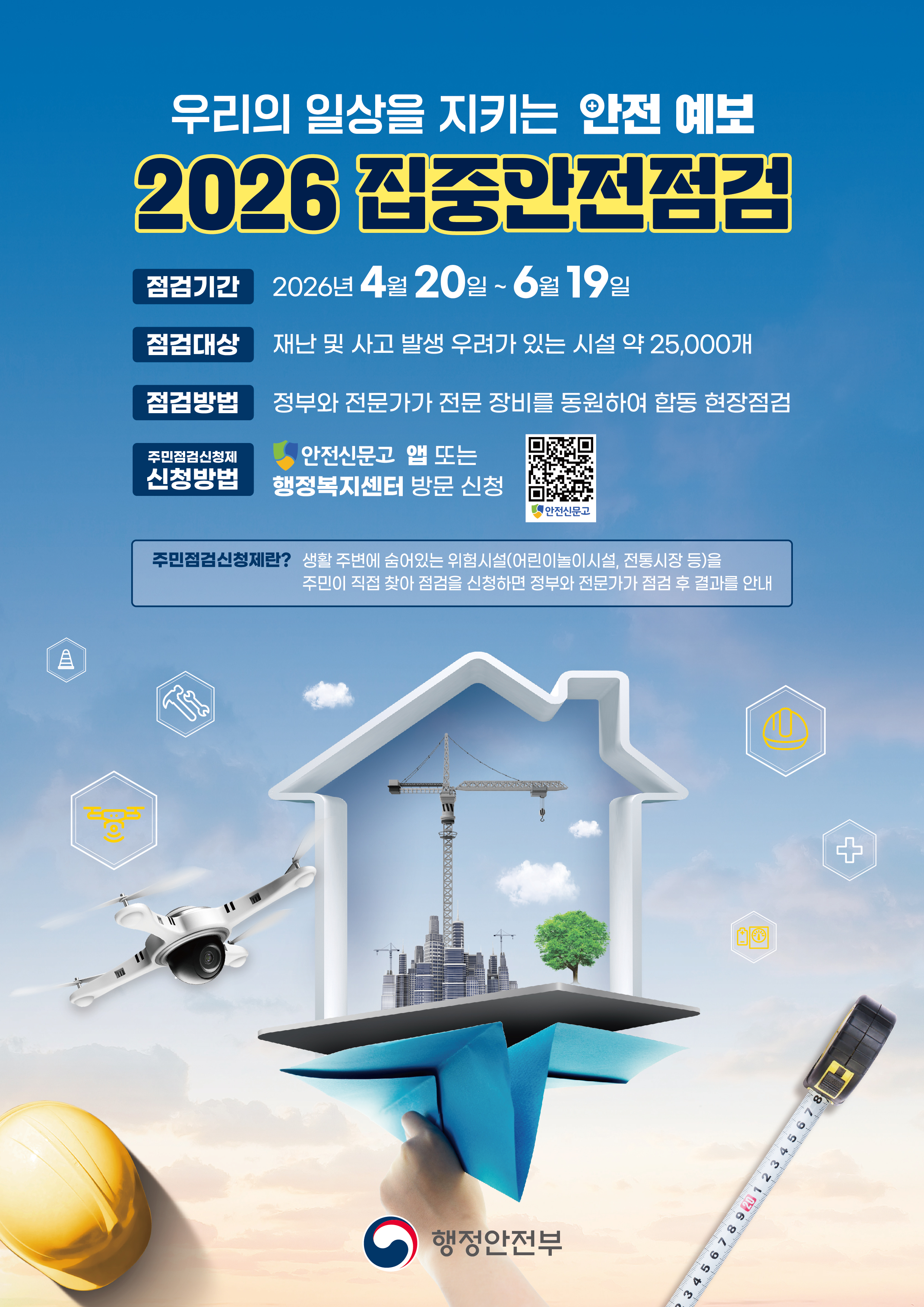우리의 일상을 지키는 안전 예보 2026 집중안전점검
점검기간: 2026년 4월 20일 ~ 6월 19일
점검대상: 재난 및 사고 발생 우려가 있는 시설 약 25,000개
점검방법: 정부와 전문가가 전문 장비를 동원하여 합동 현장점검
주민점검신청제 신청방법: 안전신문고 앱 또는 행정복지센터 방문 신청
주민점검신청제란? 생활 주변에 숨어있는 위험시설(어린이놀이시설, 전통시장 등)을 주민이 직접 찾아 점검을 신청하면 정부와 전문가가 점검 후 결과를 안내